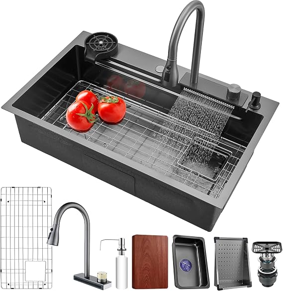 Waterfall kitchen sink 26X20" black Undermount Kitchen Sink with Pull-Out Faucet Stainless Steel Drop In Kitchen Sink Single Bowl with Accessories
