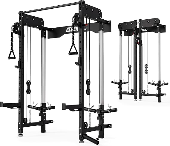 WM3-V4 Folding Squat Rack, Wall Mounted Power Rack with Dual Independent Pulley System, Functional Trainer with 5 Adjustable Function Modes for Space Saving