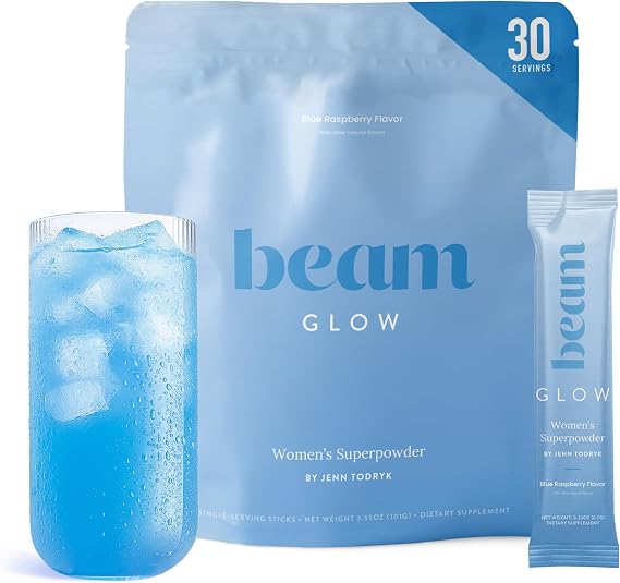 BEAM Glow Hormone Support & Cortisol Supplement for Women - Daily Vitamins for Women with Ashwagandha, Selenium, Zinc, Vitamin A, for Cycle Health, Mood & Energy, Blue Raspberry, 30 Servings