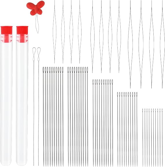 GarfxG 64 PCS Beading Needles Set Include Big Eye Collapsible, Twisted Wire Seed and Straight Beading Needles, Threaders for Jewelry Making, Sequin Embroidery Crafting DIY