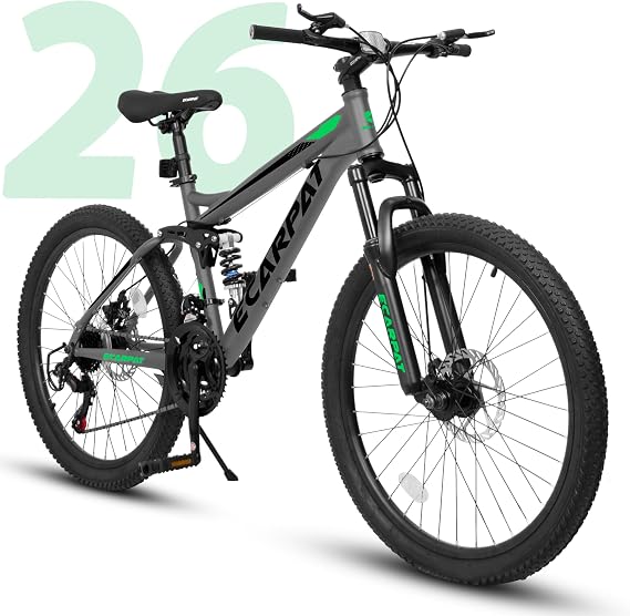 Ecarpat 26 Inch Dual Full Suspension Mountain Bike, 21-Speed Disc Brakes, Mens Womens Trail Commuter City Beach Bicycles Gift