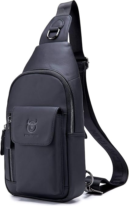 BULLCAPTAIN Mens Leather Crossbody Bag Shoulder Sling Bag Casual Daypacks Chest Bags for Travel Hiking Backpacks