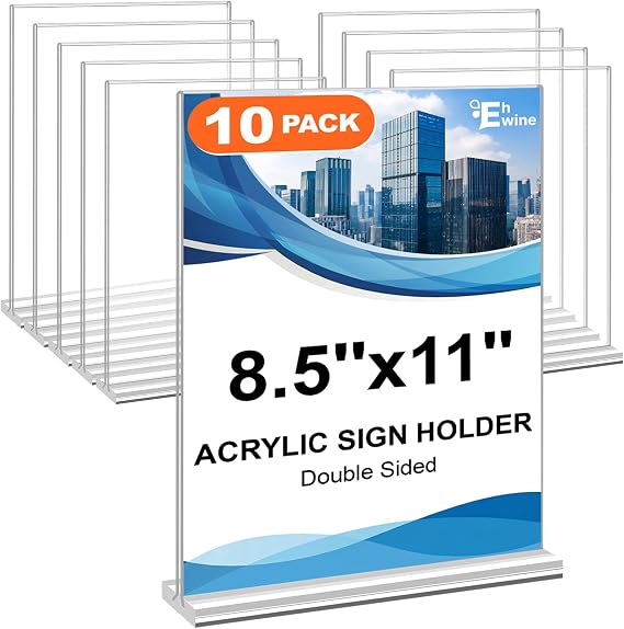 EHWINE Acrylic Sign Holder 8.5 x 11, 10 Pack Double-Sided Stand up Table Top Sign Holders, Clear Acrylic Picture Frame Menu Flyer Paper Holder Display Stand for Office Business Store Wedding Party