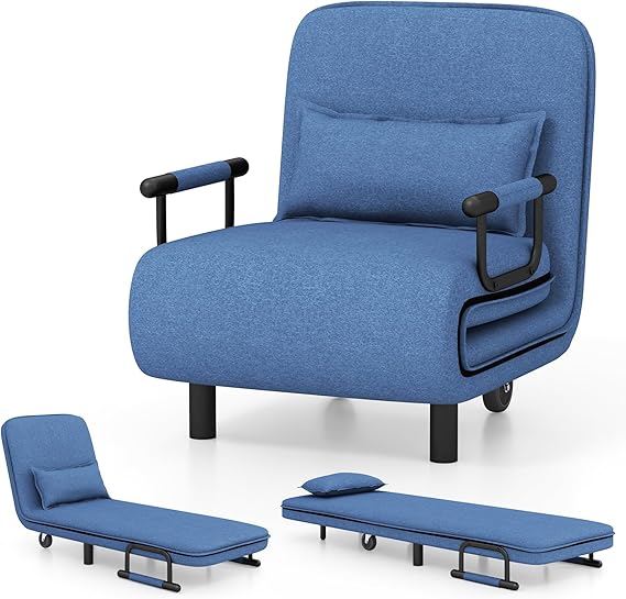COSTWAY Single Folding Sofa Bed Chair Modern Fabric Sleep Function Holder W/Pillow & Wheel For Home Bedroom Living Room Office Indoor (Blue)