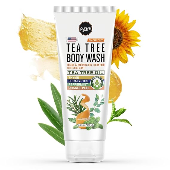 Puriya Tea Tree Body Wash, Use with Jock Itch, Athletes Foot, Body Back Acne Treatment, Moisturizing Natural Wash for Men, Women, Dry Skin, Eucalyptus, Mint Oil Shower Gel Soap