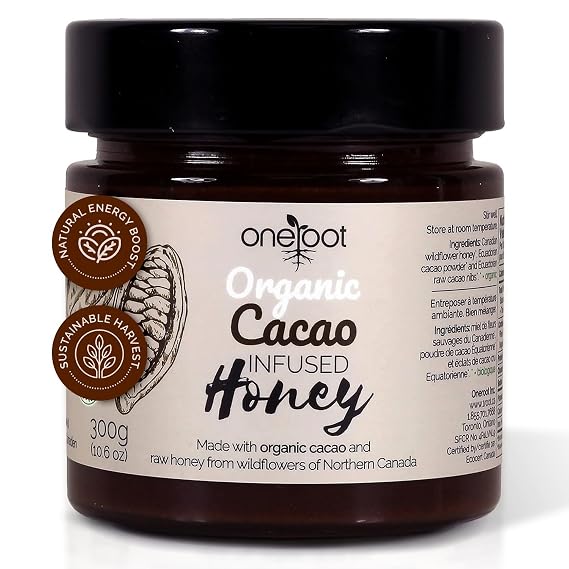 OneRoot Organic Cacao Infused Honey 300g / 10.6oz Pure, Unheated Chocolate honey Northern Canadian Wildflower with Ecuadorian Arriba Criollo Cacao Raw Unfiltered Honey