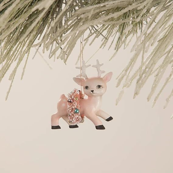 Bethany Lowe Pink Reindeer with Wreath Ornament