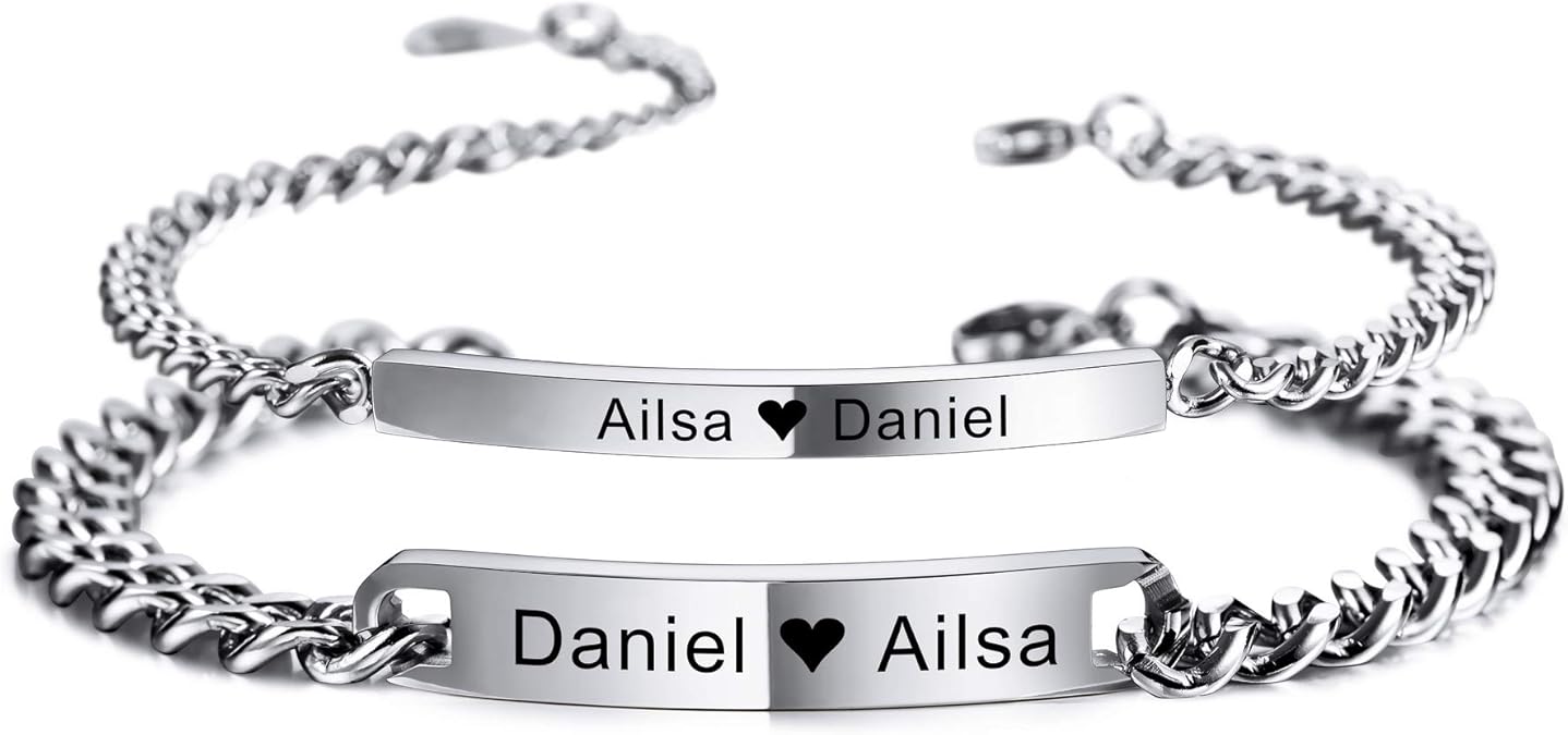 MeMeDIY Personalized Couple Bracelets Set Custom Engraving Name/Date for Men Women Boyfriend Girlfriend Stainless Steel Adjustable Ankle Curb Link Love Relationship Valentine's Gift