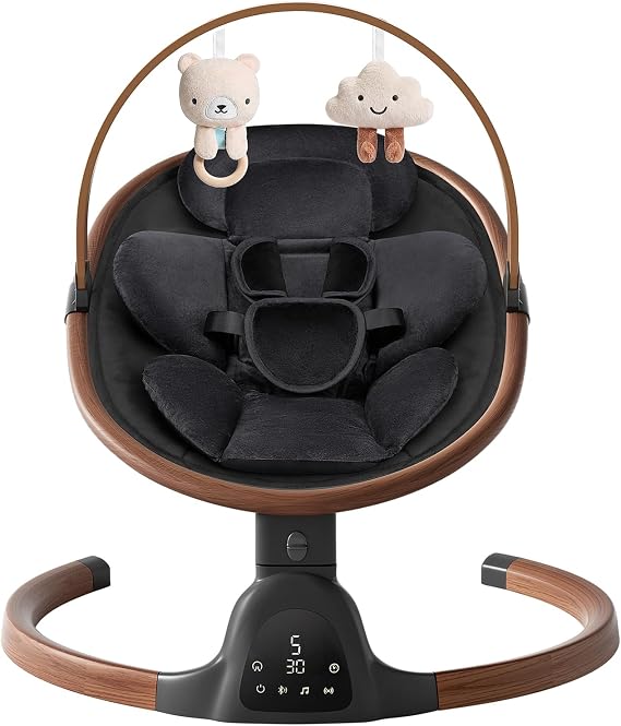 Baby Swings for Infants, Electric Infant Swing with 5 Speed Modes, Black | 5-Point Harness, 3 Timer Settings, Built-in Songs & Bluetooth, Portable Modern Swing for Indoor & Outdoor