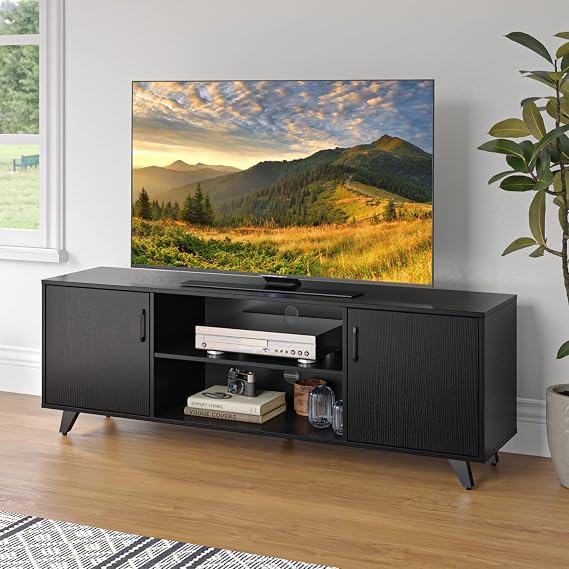 Panana Modern TV Stand, Entertainment Center Television Stands Console with 2 Doors & Shelves Media Console (Black, 63" x 15" x 21.6")
