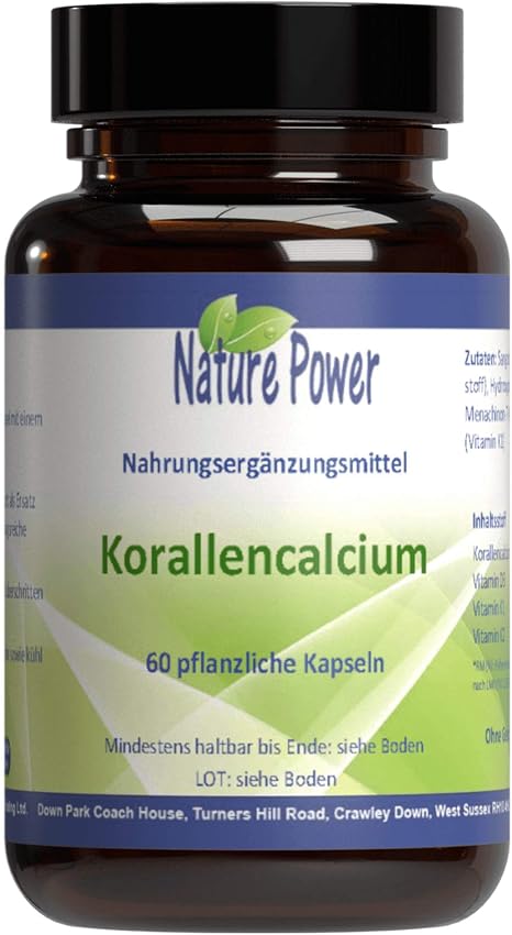 Coral Calcium - Plus Vitamin D3 K1 + K2-60 Vegetable Capsules in Brown Glass - GMO Free and Suitable for Vegetarians - by Nature Power