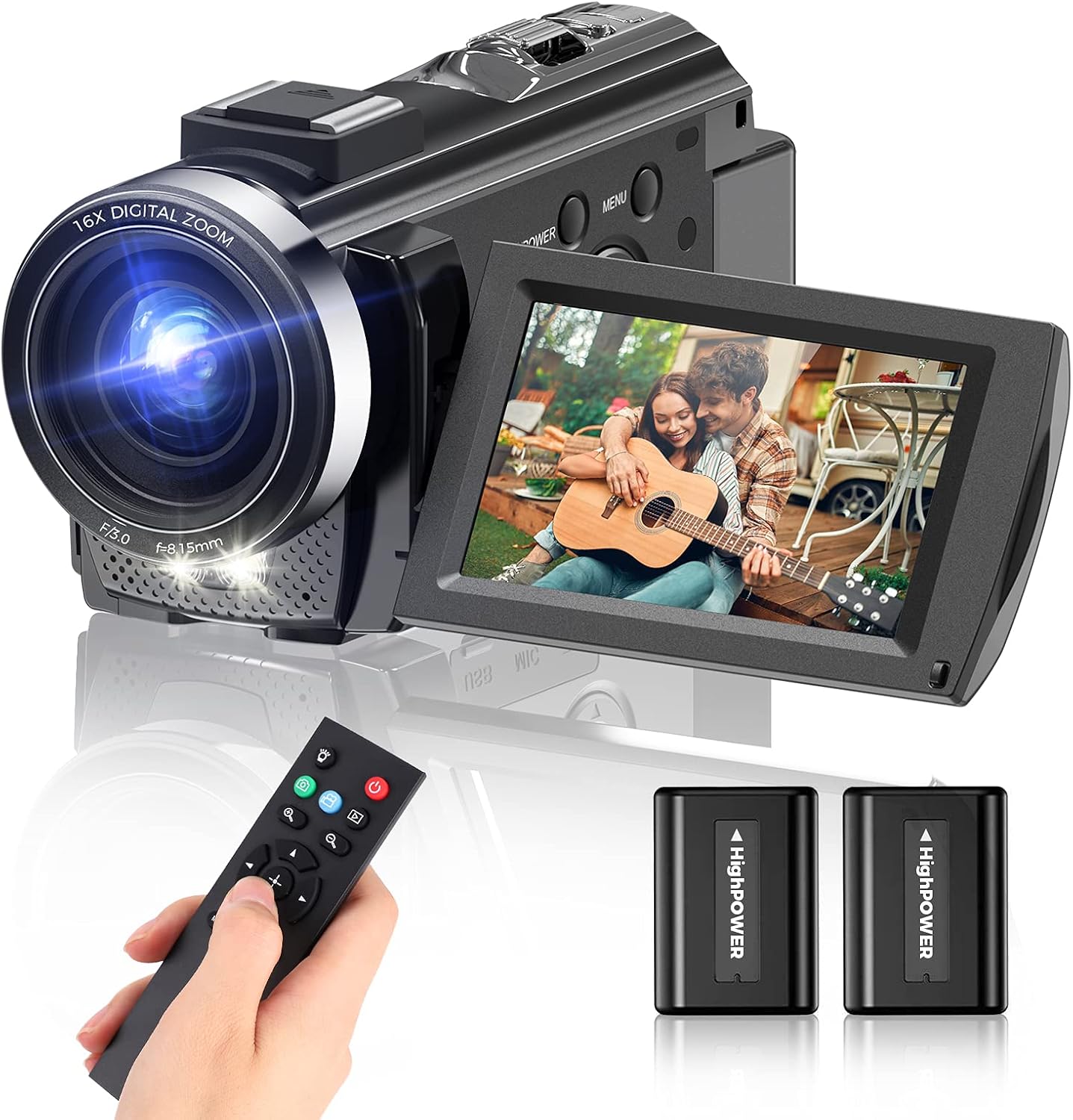 Video Camera Camcorder, Full HD 1080P Digital YouTube Vlogging Camera Recorder,Video Camera 30FPS 3.0 Inch LCD 270 Rotatable Degrees IPS Screen with Remote Control 2 Batteries
