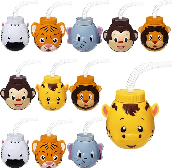 Hoolerry 12 Sets 3D Animal Cups with Bendable Straws and Lids 10 oz