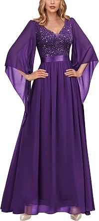 Miusol Women's Deep-V Neck Lace Contrast Sequin 3/4 Sleeve Formal Evening Maxi Dress