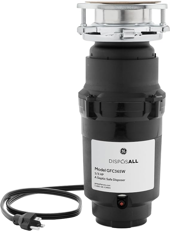 GE Disposall Continuous Feed 1/3 HP Motor Garbage Disposer, Good for Grinding: Cooked Pasta & Fruit Peels, Universal 3 Bolt Install & Power Cord Included, Recommended for 1-2 Person Homes, GFC365W | Continuous Feed, Jam Resistant Technology, Quiet Motor, Easy Install, Anti-Clog Drain Boost,