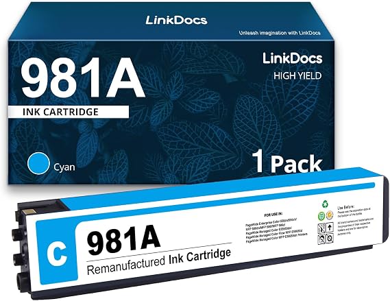 LinkDocs Remanufactured 981A 981 Cyan Ink Cartridges Compatible for HP 981A C J3M68A Used with HP PageWide Enterprise Color 556dn 556 Flow MFP 586dn 586f 586 Printer
