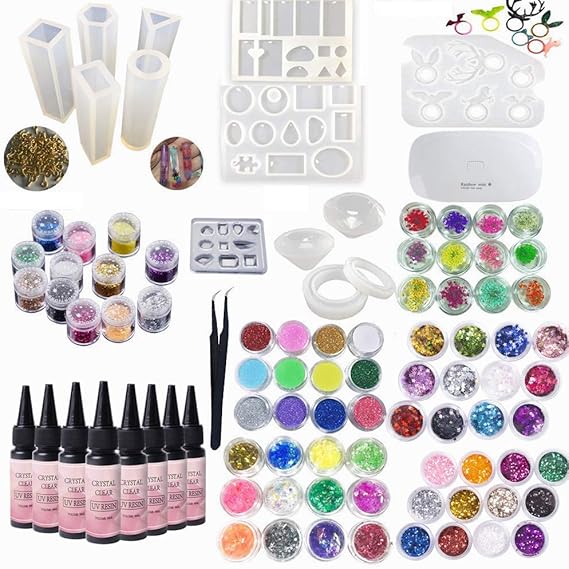 Crystal Clear UV Epoxy Resin Jewelry Making Kit with Lamp & Molds & Glitter & Dried Flowers & Tweezers for Crafts DIY Pendants Rings Earrings Bracelets Diamonds Keychains Necklaces Brooches