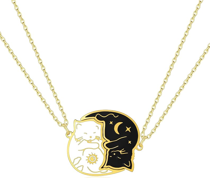 Cat Matching Necklaces for 2, Stainless Steel Heart Pendant Gift | gold plated, cable chain, lobster clasp, pair set, friends couples family, meaningful