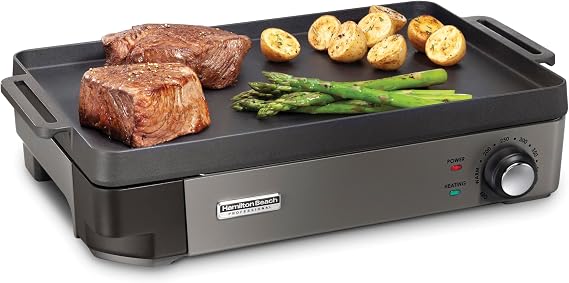 Hamilton Beach Professional Cast Iron Electric Griddle & Indoor Grill | Durable 10" x 16" Preseasoned Cooking Surface | Adjustable Temperature up to 450 F | Black | 38560