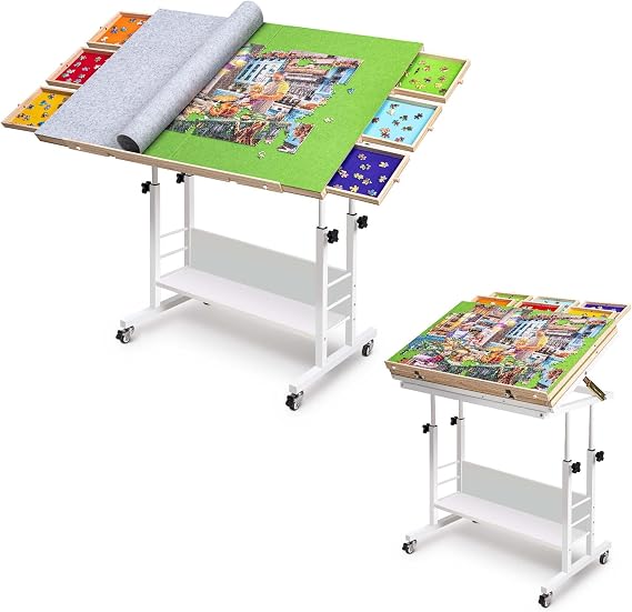 Tektalk 2000 Piece Foldable Jigsaw Puzzle Table with Angle & Height Adjustment, Jigsaw Board with 2 Felt Cover & 6 Sorting Drawers, Puzzle Easel with Legs, Enclosed with 4 Roller Wheels - Green