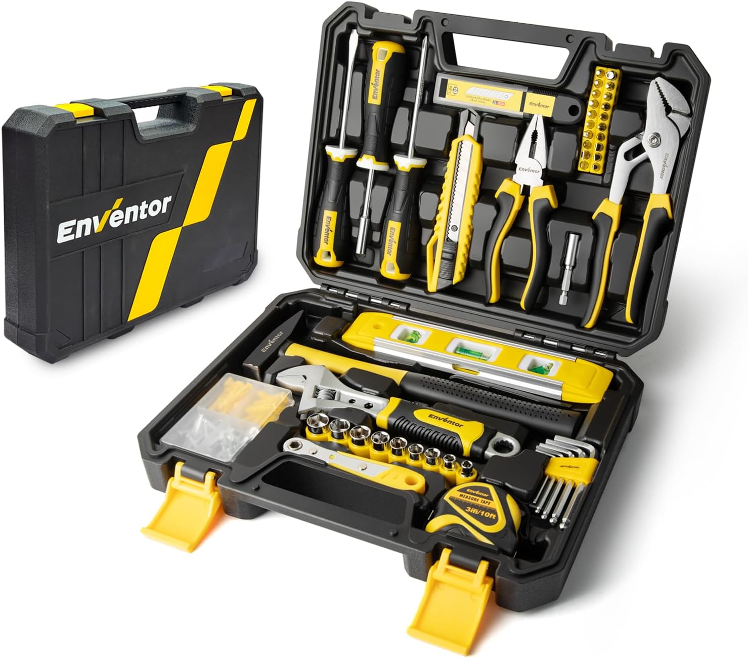 ENVENTOR Tool Box 158-Piece Household Tool Set Filled Tool Box with Screwdriver Set Hammer Pliers and Ratchet Socket Spanner Set Tool Box for Household DIY Garage Car