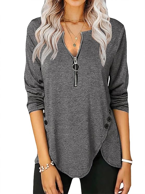 Fisoew Womens Casual Long Sleeve Tunic Tops Round Neck Shirt Button Side Basic Tees Wearring with Leggings