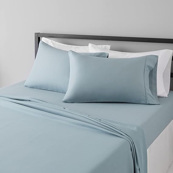 Amazon Basics Lightweight Ultra-Soft, Wrinkle-Free, Breathable Microfiber 4 Piece Bed Sheet Set with 14-Inch Deep Pockets, Full, Spa Blue, Solid