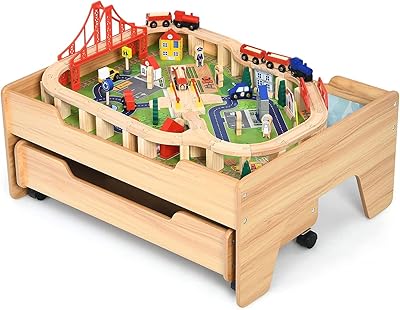 Costzon Train Table with 100 Multicolor Pieces, Wooden Kids Activity Table with Large Rolling Storage Drawer, Tracks, Cars, DIY Design, Train Set Table for Toddlers 3, Gift for Boys Girls