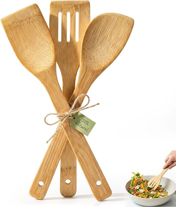 HANSGO Bamboo Wooden Spoons for Cooking, 6PCS Non-Stick Kitchen Utensils Set, Natural and Durable Wooden Spatula for Nonstick Cookware, Apartment Essentials