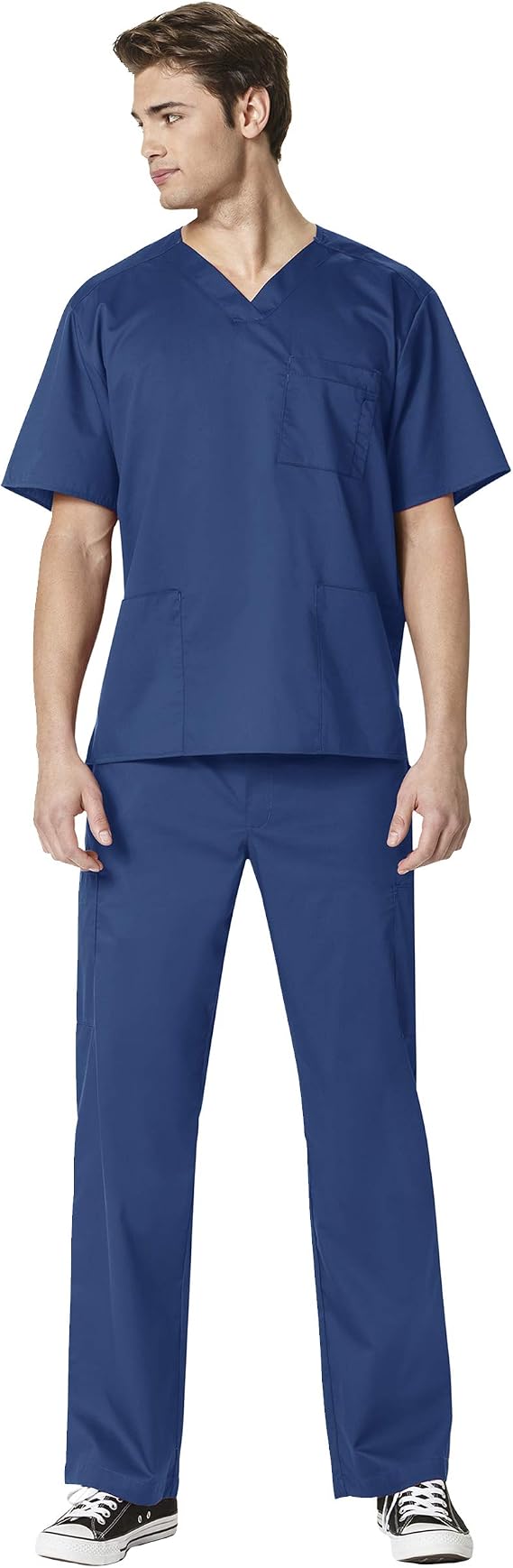 WonderWork Men's V-neck Multi-Pocket Top & Men's Cargo Pant Scrub Set + Badge Reel