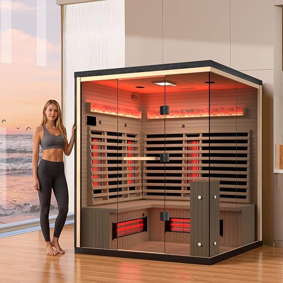 3-4 Person Infrared Sauna, Home Sauna with Himalayan Salt Panel & 10 Minutes Warm-up System, Indoor Sauna Spa Room with Canadian Hemlock&Panoramic Tempered Glass,220V