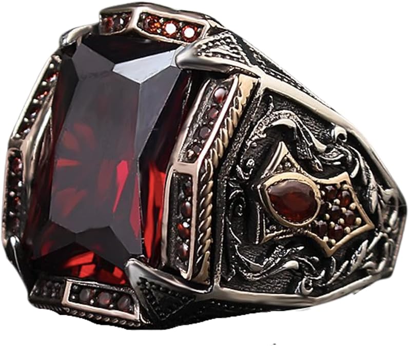 Zircon Ring-925k Unisex Silver Jewelry-Vintage Gemstone Ring-Gift for Him and Her-925k Turkish Handmade Sterling Silver Red Zircon Ring