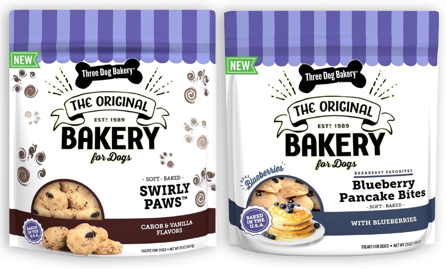 Three Dog Bakery Swirly Paws & Blueberry Pancake Bites, Premium Dog Training & Puppy Treats