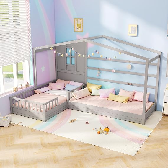 MAT EXPERT Wooden House Bed, L Shaped for 2 Kids w/Window & Roof, Fence & Slats, Twin Floor Montessori Bed for Boys, Girls,Teens, Dorm,Bedroom, No Box Spring Needed