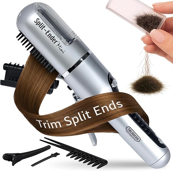 Split-Ender Mini Original Cordless Split End Hair Trimmer for Dry, Damaged, Brittle, Frizzy, Curly or Straight Hair 3 AAA Battery Operated Hair Clipper for Home Use Silver