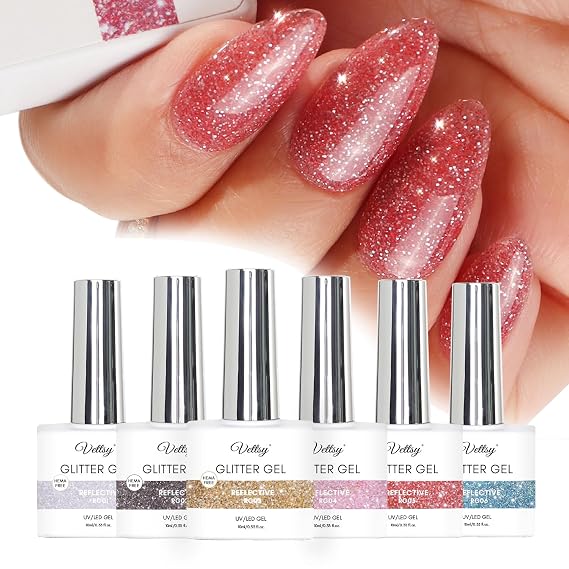 vettsy HEMA-Free Reflective Glitter Gel Polish Set, Sparkling Flash Effect, Highly Pigmented Shimmer Colors, Long-lasting UV/LED Nail Polish for Salon & Home DIY Nail Art