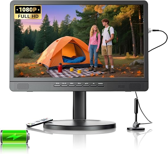 Desobry 18.5" Portable TV with Antenna, 6500mAh Built-in Power Operated TV | 12 Volt Small TV Support HDMI/AV/USB/Headphone Jack Input, Portable TV for Camping, RV, Patio, Kitchen, Indoor, Outdoor