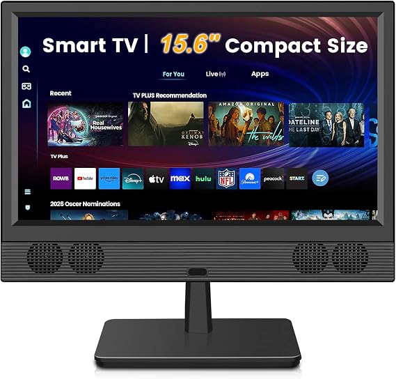 Feihe 15.6 Inch Small Smart TV - Full HD 1080p Compact Flat Screen Smart Television with Wi/Fi, Bluetooth, Voice Remote for Kitchen, Bedroom, RV