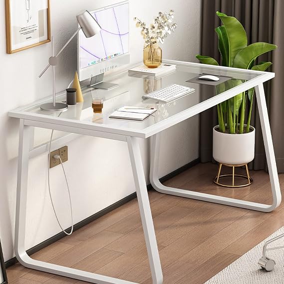 Home Office Desk Clear Tempered Glass Computer Desk Modern Student Writing Study Desk Small Computer Desk(47 Inch, White)