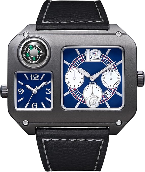 Reginald Mens Dual Time Zone Square Watch Decorative Compass Large Analog Quartz Wristwatch with PU Leather Band, Fashion Casual Outdoor-Style Timepiece