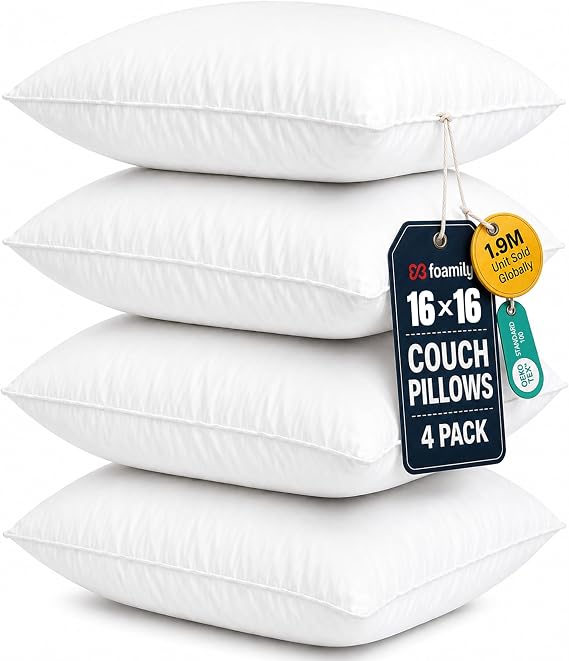Foamily 16x16 Throw Pillow Inserts, White Pillows for Couch & Bed, 4 Pack