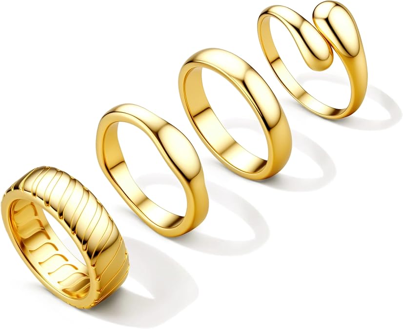 FIASASO Chunky 14K Gold Plated Rings for Women Non Tarnish - 4Pcs 14K Thick Gold Plated Statement Rings Set Fashion Stackable Ring Trendy Waterproof Chunky Dome Ring