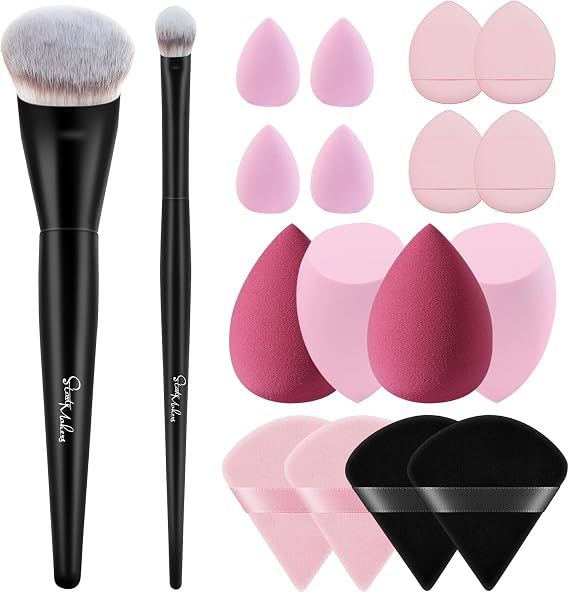16 Pieces Makeup Sponge Set and Brush | Vegan Beauty Blender, Foundation & Concealer Brush, Powder Puff | Complete Face Makeup Kit for Flawless Liquid, Cream & Powder Application