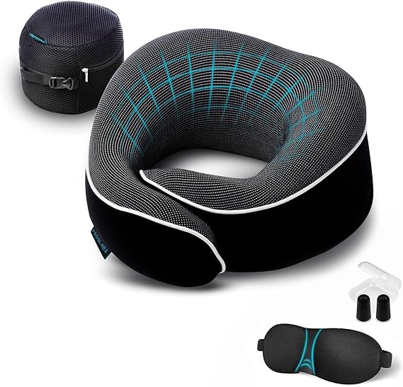 Proglobe Neck Pillow for Travel, Memory Foam, Long Haul Flights, Black | Orthopaedic travel cushion with 3D contoured sleep mask, earplugs and luxury mesh bag, for aeroplane, car and train trips