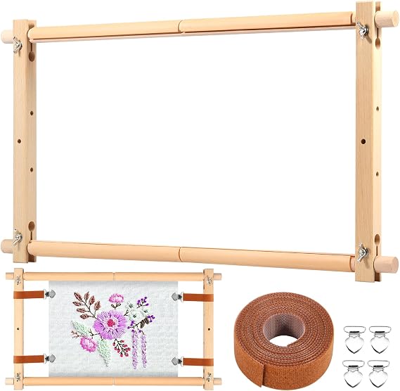 kjcbkcb Embroidery Scroll Frame, Wooden Cross Stitch Frame with Clips, Rotated Needlepoint Embroidery Tapestry Scroll Frame, Adjustable Needlepoint Stretcher Frame for Embroidery(12 x 21inch)