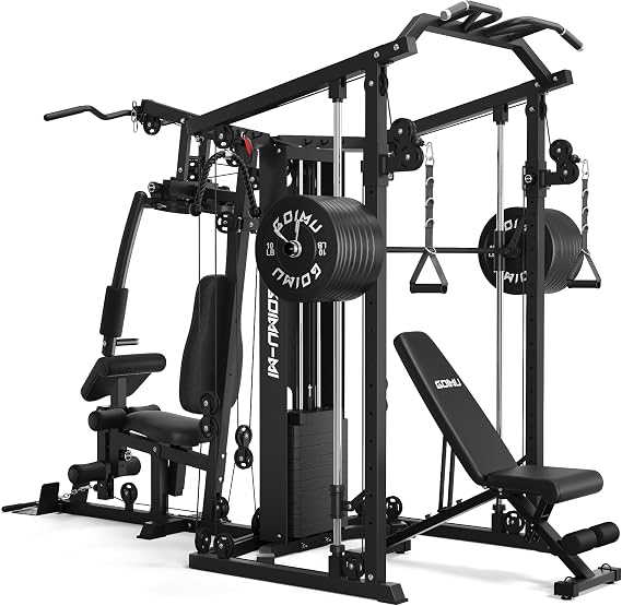 DM01 Dual-Station Smith Machine Home Gym, 140LB Weight Stack with LAT Pull-Down & Leg Press, All-in-One Workout Station for Couples & Family Strength Training