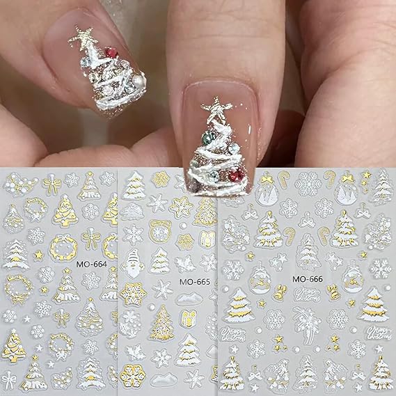 3 Sheets Christmas Nail Art Stickers Snowflake Nail Decals Christmas Tree Bow Designs 5D Embossed Self-Adhesive Xmas Nail Stickers Supplies Winter Holiday Manicure Decoration for Women