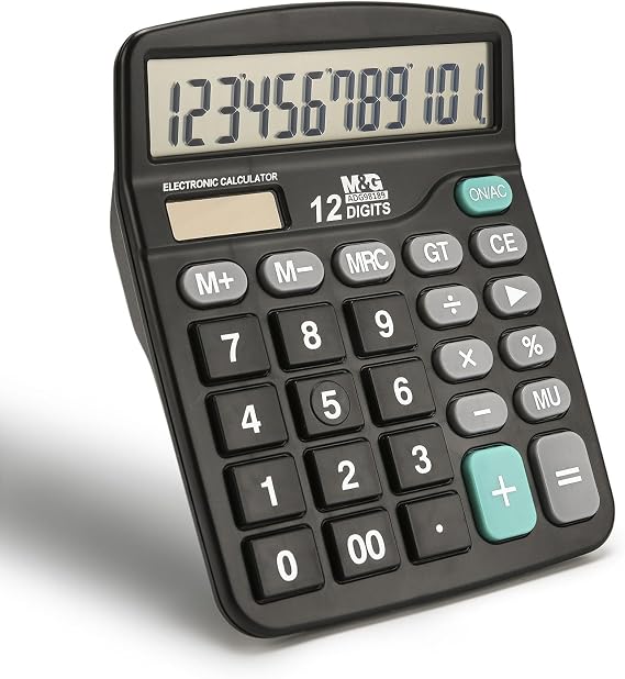M&G Desk Calculator 12 Digit Office Calculators with Large LCD Display, Dual Solar Power and Battery, Recessed Big Button Calculator for Office Home (Black)