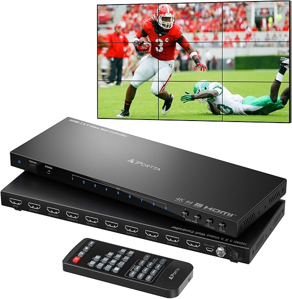 Video Wall Controller 3x3 4K PORTTA HDMI Video Wall Processor with 19 Splicing Modes RS232 180° Rotate Audio Extractor 3x3 3x2 2x3 2x2 4x2 2x4 1x2 2x1 9 TV Screens into 1 Wall Display