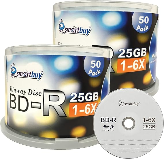 Smartbuy Logo Top 100 Pack Bd-r 25gb 6X Blu-ray Blank Write-Once 100 Disc | Single Layer Data Video Media Blank Recordable Disc, Hold Roughly 2 hours of high-definition video, Cakebox Spindle Packaging